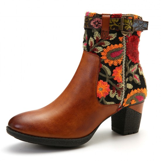 Ladies Causal Floral Pattern Buckle Deco Splicing Round Toe Block Heel Ankle Boots Ladies Causal Floral Pattern Buckle Deco Splicing Round Toe Block Heel Ankle Boots