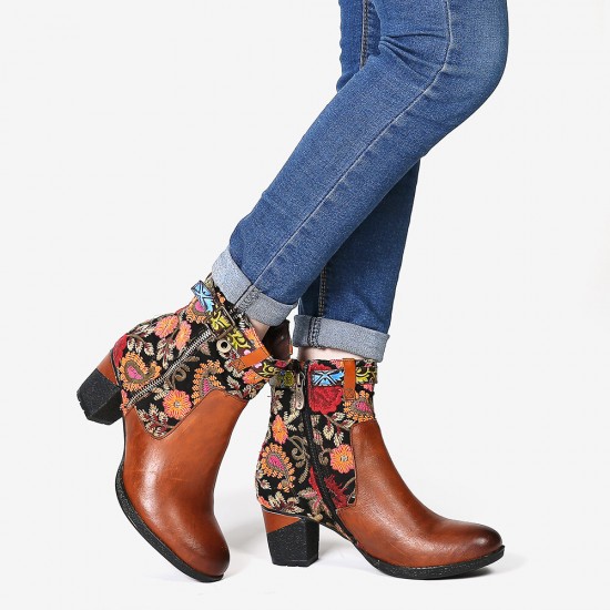 Ladies Causal Floral Pattern Buckle Deco Splicing Round Toe Block Heel Ankle Boots Ladies Causal Floral Pattern Buckle Deco Splicing Round Toe Block Heel Ankle Boots