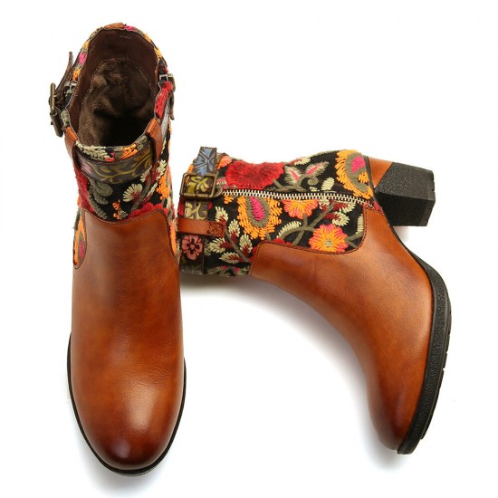 Ladies Causal Floral Pattern Buckle Deco Splicing Round Toe Block Heel Ankle Boots Ladies Causal Floral Pattern Buckle Deco Splicing Round Toe Block Heel Ankle Boots