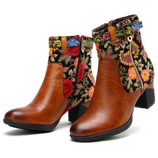 Ladies Causal Floral Pattern Buckle Deco Splicing Round Toe Block Heel Ankle Boots Ladies Causal Floral Pattern Buckle Deco Splicing Round Toe Block Heel Ankle Boots