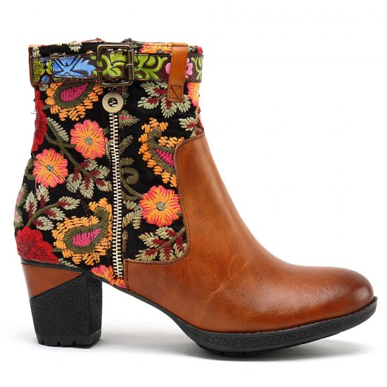Ladies Causal Floral Pattern Buckle Deco Splicing Round Toe Block Heel Ankle Boots Ladies Causal Floral Pattern Buckle Deco Splicing Round Toe Block Heel Ankle Boots