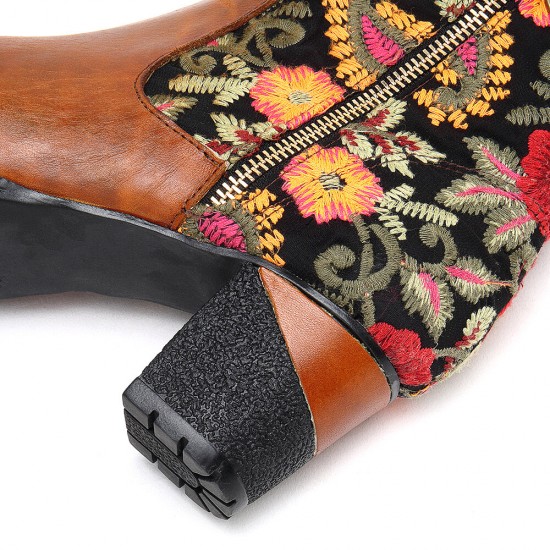Ladies Causal Floral Pattern Buckle Deco Splicing Round Toe Block Heel Ankle Boots Ladies Causal Floral Pattern Buckle Deco Splicing Round Toe Block Heel Ankle Boots