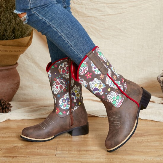 Women Retro Flower Printing Pointed Toe Zipper Mid-calf Cowboy Boots Women Retro Flower Printing Pointed Toe Zipper Mid-calf Cowboy Boots