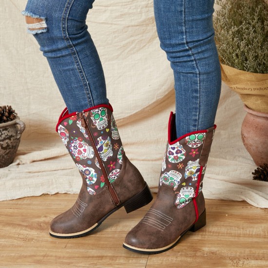 Women Retro Flower Printing Pointed Toe Zipper Mid-calf Cowboy Boots Women Retro Flower Printing Pointed Toe Zipper Mid-calf Cowboy Boots