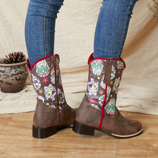 Women Retro Flower Printing Pointed Toe Zipper Mid-calf Cowboy Boots Women Retro Flower Printing Pointed Toe Zipper Mid-calf Cowboy Boots
