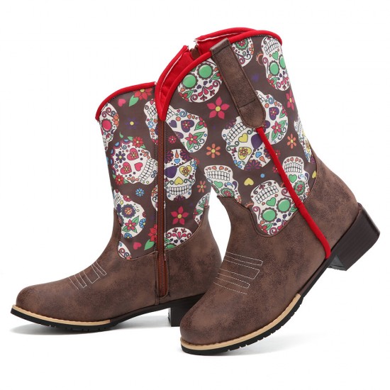 Women Retro Flower Printing Pointed Toe Zipper Mid-calf Cowboy Boots Women Retro Flower Printing Pointed Toe Zipper Mid-calf Cowboy Boots