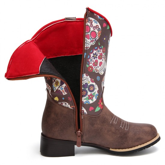 Women Retro Flower Printing Pointed Toe Zipper Mid-calf Cowboy Boots Women Retro Flower Printing Pointed Toe Zipper Mid-calf Cowboy Boots