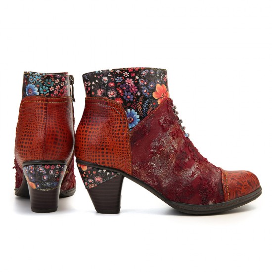 Women Casual Floral Splicing Pattern Warm Lined Zip Up Cone Heel Ankle Boot Women Casual Floral Splicing Pattern Warm Lined Zip Up Cone Heel Ankle Boot