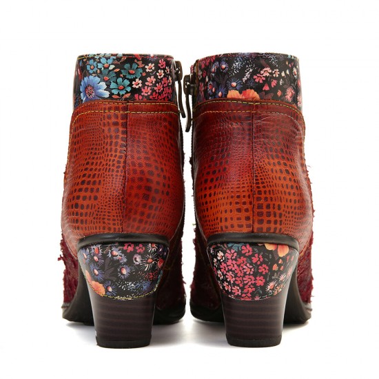 Women Casual Floral Splicing Pattern Warm Lined Zip Up Cone Heel Ankle Boot Women Casual Floral Splicing Pattern Warm Lined Zip Up Cone Heel Ankle Boot