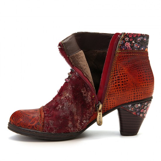 Women Casual Floral Splicing Pattern Warm Lined Zip Up Cone Heel Ankle Boot Women Casual Floral Splicing Pattern Warm Lined Zip Up Cone Heel Ankle Boot