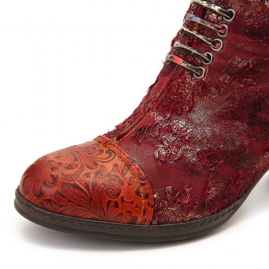 Women Casual Floral Splicing Pattern Warm Lined Zip Up Cone Heel Ankle Boot Women Casual Floral Splicing Pattern Warm Lined Zip Up Cone Heel Ankle Boot