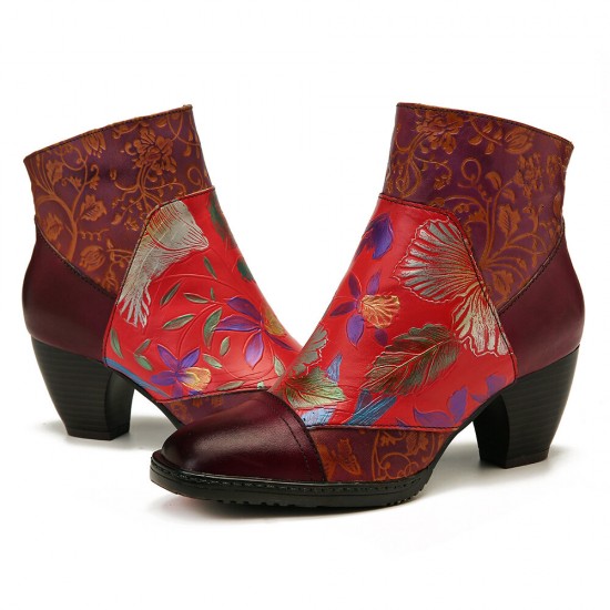 Retro Colorful Printed Flowers Pattern Embossed Stitching Comfortable Zipper High Heel Boots Retro Colorful Printed Flowers Pattern Embossed Stitching Comfortable Zipper High Heel Boots