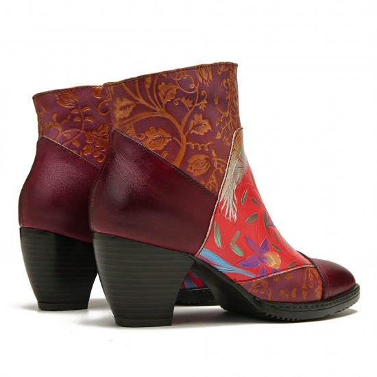 Retro Colorful Printed Flowers Pattern Embossed Stitching Comfortable Zipper High Heel Boots Retro Colorful Printed Flowers Pattern Embossed Stitching Comfortable Zipper High Heel Boots