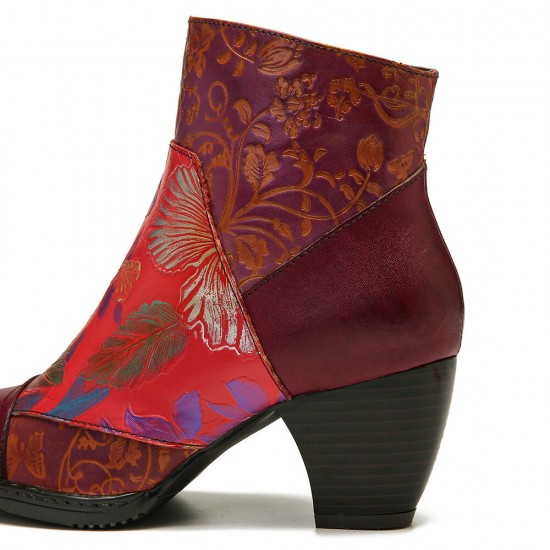 Retro Colorful Printed Flowers Pattern Embossed Stitching Comfortable Zipper High Heel Boots Retro Colorful Printed Flowers Pattern Embossed Stitching Comfortable Zipper High Heel Boots