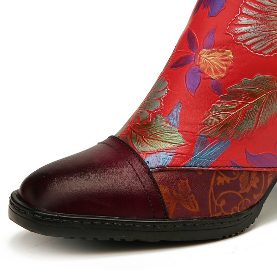 Retro Colorful Printed Flowers Pattern Embossed Stitching Comfortable Zipper High Heel Boots Retro Colorful Printed Flowers Pattern Embossed Stitching Comfortable Zipper High Heel Boots