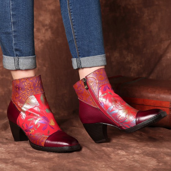 Retro Colorful Printed Flowers Pattern Embossed Stitching Comfortable Zipper High Heel Boots Retro Colorful Printed Flowers Pattern Embossed Stitching Comfortable Zipper High Heel Boots