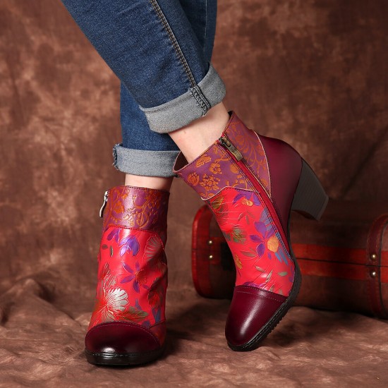 Retro Colorful Printed Flowers Pattern Embossed Stitching Comfortable Zipper High Heel Boots Retro Colorful Printed Flowers Pattern Embossed Stitching Comfortable Zipper High Heel Boots