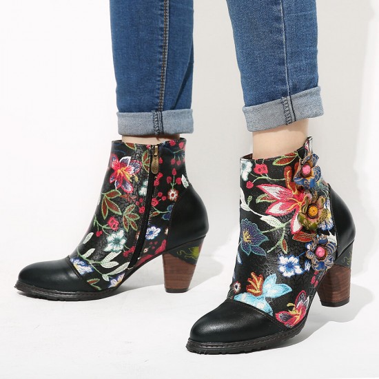 Women's Floral Causal Black Warm Lined Stacked Heel Ankle Boots Women's Floral Causal Black Warm Lined Stacked Heel Ankle Boots