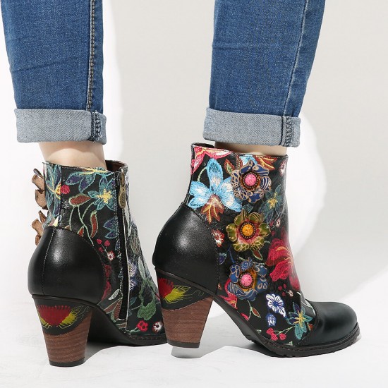 Women's Floral Causal Black Warm Lined Stacked Heel Ankle Boots Women's Floral Causal Black Warm Lined Stacked Heel Ankle Boots