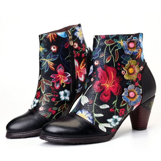 Women's Floral Causal Black Warm Lined Stacked Heel Ankle Boots Women's Floral Causal Black Warm Lined Stacked Heel Ankle Boots