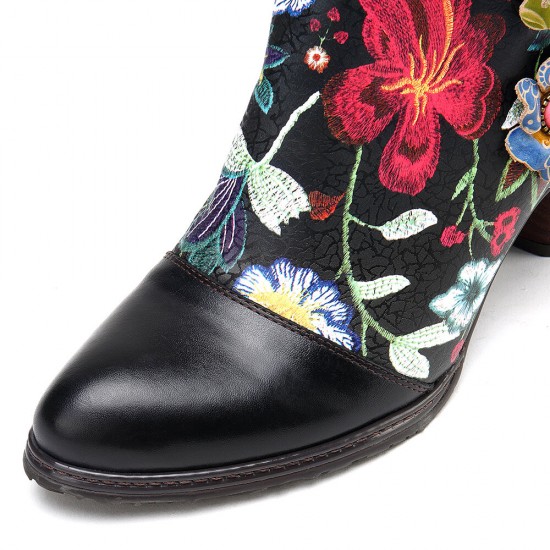 Women's Floral Causal Black Warm Lined Stacked Heel Ankle Boots Women's Floral Causal Black Warm Lined Stacked Heel Ankle Boots