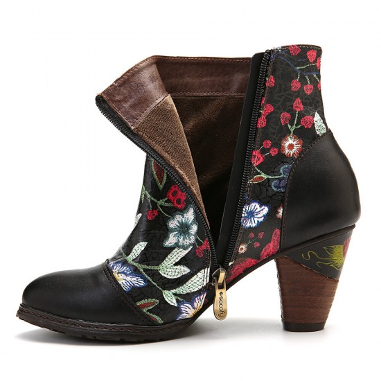 Women's Floral Causal Black Warm Lined Stacked Heel Ankle Boots Women's Floral Causal Black Warm Lined Stacked Heel Ankle Boots