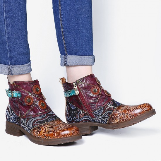Retro Floral Pattern Splicing Adjustable Casual Round Toe Zipper Ankle Boots Retro Floral Pattern Splicing Adjustable Casual Round Toe Zipper Ankle Boots