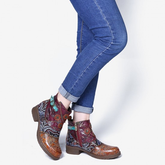 Retro Floral Pattern Splicing Adjustable Casual Round Toe Zipper Ankle Boots Retro Floral Pattern Splicing Adjustable Casual Round Toe Zipper Ankle Boots