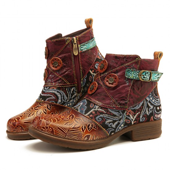 Retro Floral Pattern Splicing Adjustable Casual Round Toe Zipper Ankle Boots Retro Floral Pattern Splicing Adjustable Casual Round Toe Zipper Ankle Boots