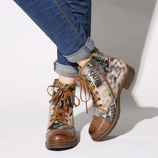 Retro Genuine Leather Newspaper Pattern Flat Ankle Boots Retro Genuine Leather Newspaper Pattern Flat Ankle Boots