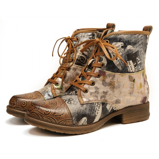 Retro Genuine Leather Newspaper Pattern Flat Ankle Boots Retro Genuine Leather Newspaper Pattern Flat Ankle Boots