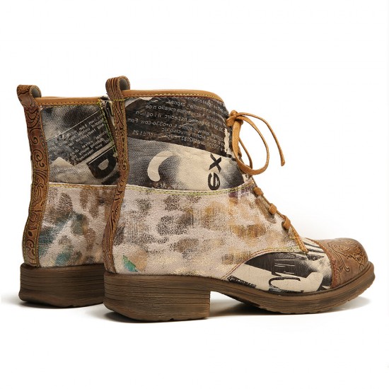 Retro Genuine Leather Newspaper Pattern Flat Ankle Boots Retro Genuine Leather Newspaper Pattern Flat Ankle Boots