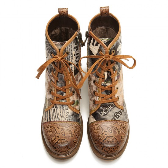 Retro Genuine Leather Newspaper Pattern Flat Ankle Boots Retro Genuine Leather Newspaper Pattern Flat Ankle Boots