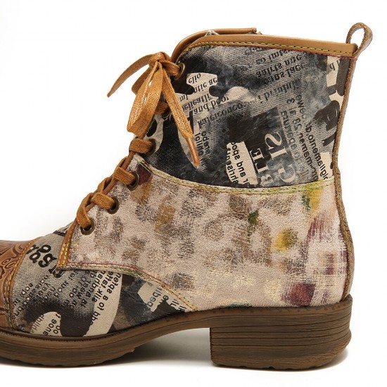 Retro Genuine Leather Newspaper Pattern Flat Ankle Boots Retro Genuine Leather Newspaper Pattern Flat Ankle Boots