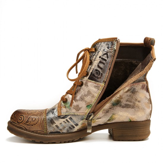 Retro Genuine Leather Newspaper Pattern Flat Ankle Boots Retro Genuine Leather Newspaper Pattern Flat Ankle Boots
