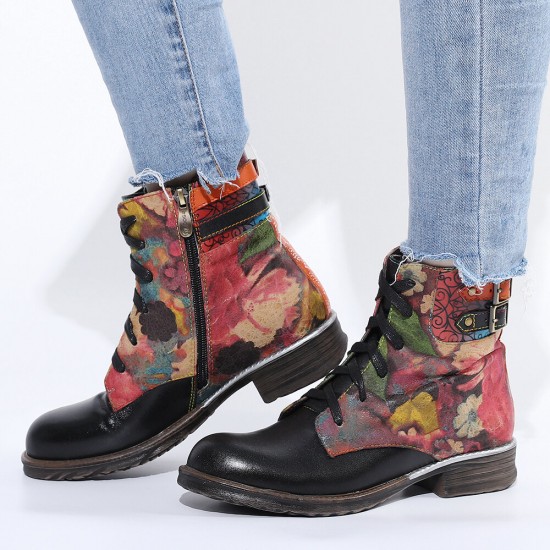 Womens Watercolor Rose Genuine Leather Zipper Lace Up Flat Boots Womens Watercolor Rose Genuine Leather Zipper Lace Up Flat Boots