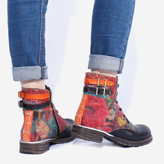 Womens Watercolor Rose Genuine Leather Zipper Lace Up Flat Boots Womens Watercolor Rose Genuine Leather Zipper Lace Up Flat Boots