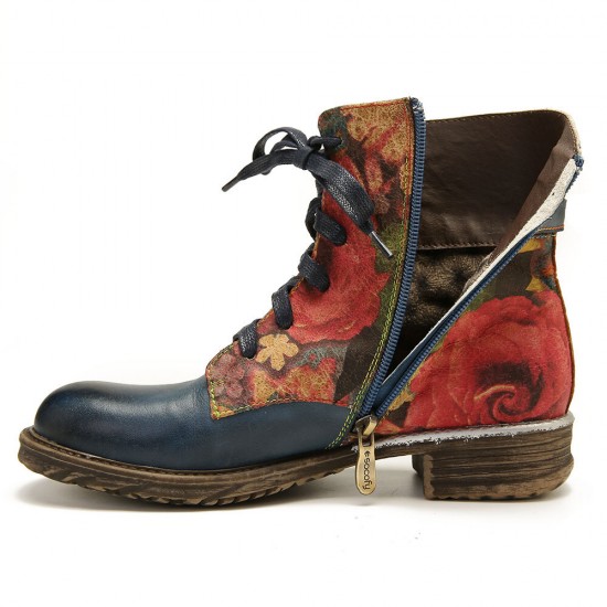 Womens Watercolor Rose Genuine Leather Zipper Lace Up Flat Boots Womens Watercolor Rose Genuine Leather Zipper Lace Up Flat Boots