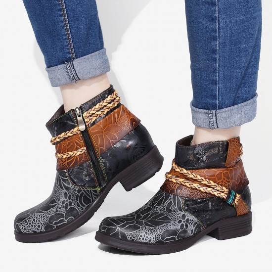 Printed Outdoor Woven Rope Splicing Side-zip Round Toe Block Heel Ankle Boots Printed Outdoor Woven Rope Splicing Side-zip Round Toe Block Heel Ankle Boots