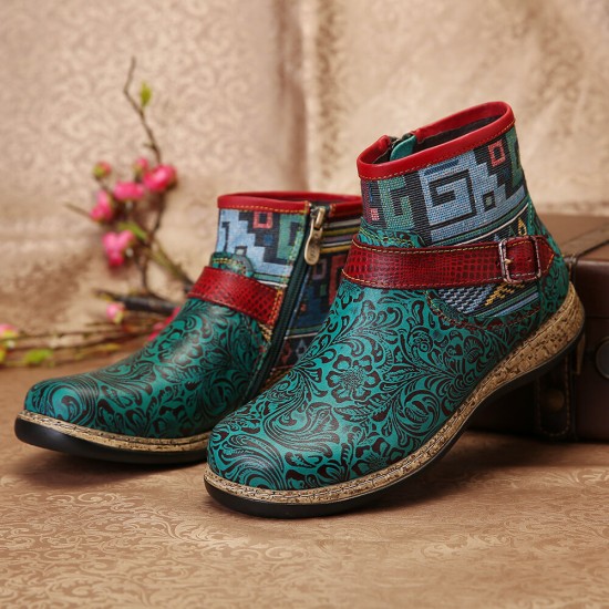 Retro Womens Green Embossed Genuine Leather Soft Flat Zipper Ankle Boots Retro Womens Green Embossed Genuine Leather Soft Flat Zipper Ankle Boots