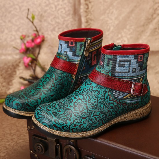 Retro Womens Green Embossed Genuine Leather Soft Flat Zipper Ankle Boots Retro Womens Green Embossed Genuine Leather Soft Flat Zipper Ankle Boots