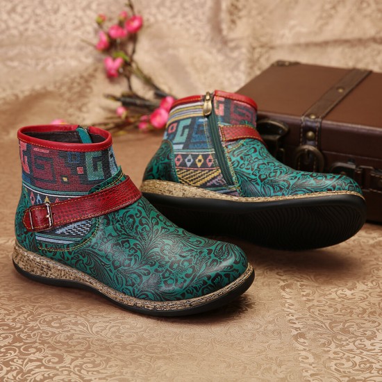 Retro Womens Green Embossed Genuine Leather Soft Flat Zipper Ankle Boots Retro Womens Green Embossed Genuine Leather Soft Flat Zipper Ankle Boots