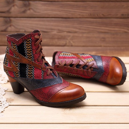 Bohemian Splicing Pattern Block Zipper Ankle Leather Boots Shoe Bohemian Splicing Pattern Block Zipper Ankle Leather Boots Shoe