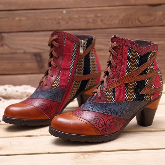 Bohemian Splicing Pattern Block Zipper Ankle Leather Boots Shoe Bohemian Splicing Pattern Block Zipper Ankle Leather Boots Shoe