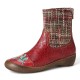 Check Woolen Splicing Floral Embossed Genuine Leather Flat Short Boots Check Woolen Splicing Floral Embossed Genuine Leather Flat Short Boots