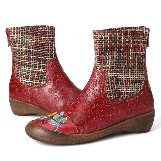 Check Woolen Splicing Floral Embossed Genuine Leather Flat Short Boots Check Woolen Splicing Floral Embossed Genuine Leather Flat Short Boots