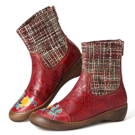 Check Woolen Splicing Floral Embossed Genuine Leather Flat Short Boots Check Woolen Splicing Floral Embossed Genuine Leather Flat Short Boots