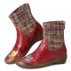 Check Woolen Splicing Floral Embossed Genuine Leather Flat Short Boots Check Woolen Splicing Floral Embossed Genuine Leather Flat Short Boots
