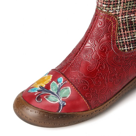 Check Woolen Splicing Floral Embossed Genuine Leather Flat Short Boots Check Woolen Splicing Floral Embossed Genuine Leather Flat Short Boots