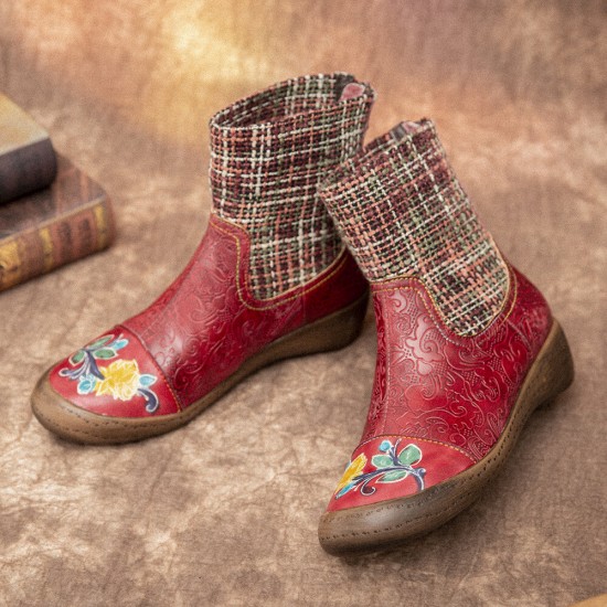 Check Woolen Splicing Floral Embossed Genuine Leather Flat Short Boots Check Woolen Splicing Floral Embossed Genuine Leather Flat Short Boots
